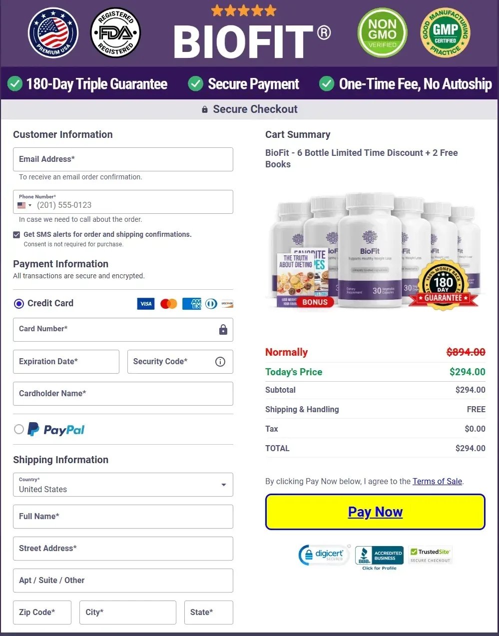 Secure payment checkout for BioFit probiotic supplement, safe and encrypted